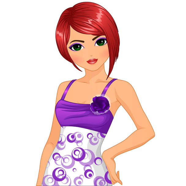 BJD στυλ κοκκινομάλλα κούκλα σε μωβ φόρεμα. Χαρακτήρας εικονογράφησης διανύσματος - Διάνυσμα, εικόνα