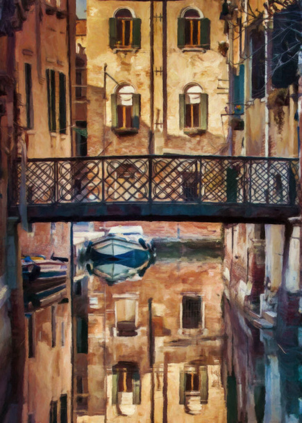 Een boot in de buurt van een open oude brug, Venetië Italië kanaal, reflecties in het water, gele bakstenen gebouwen. Kan gebruikt worden voor websites, brochures, affiches, drukken en ontwerpen. - Foto, afbeelding