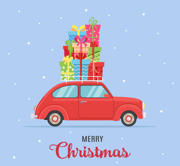 etro red pickup truck with christmas tree - Vector, Imagen