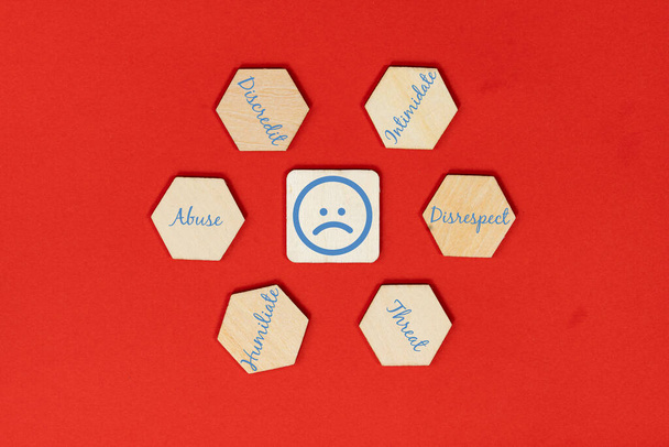 Diseño de baldosas de madera con emoji triste rodeado de texto de muestra de acciones. Concepto de ciberacoso - Foto, imagen