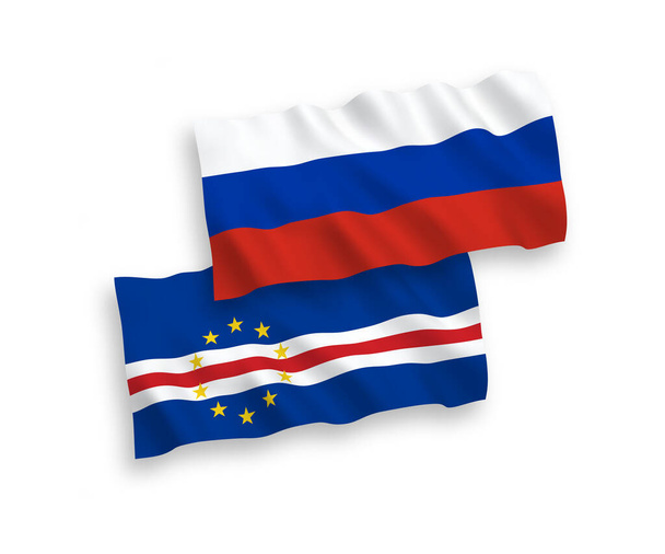 Nationale vector weefsel golf vlaggen van de Republiek Cabo Verde en Rusland geïsoleerd op witte achtergrond. 1 tot 2 proporties. - Vector, afbeelding