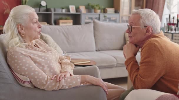 Zijaanzicht medium lang van wit-harige blanke vrouw zittend voor haar senior echtgenoot in fauteuil, pratend en lachend - Video