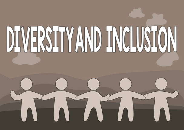 Zeichen für Vielfalt und Inklusion. Wort für Wort menschliche Differenz beinhaltet ethnische Zugehörigkeit Geschlecht Fünf Stehende Menschen, die Händchenhalten zeigen Teamunterstützung. - Foto, Bild