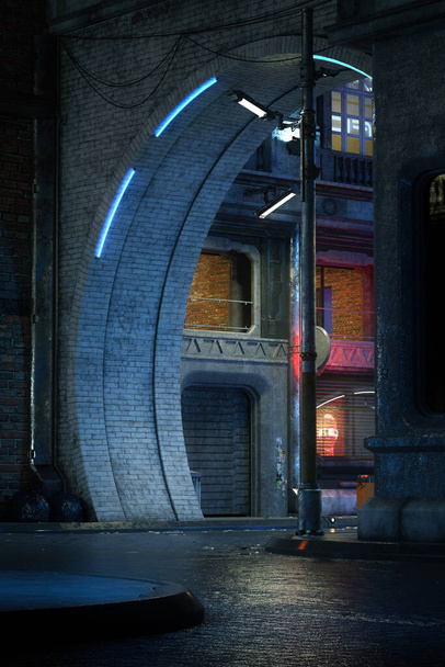 Format portrait Illustration 3D d'une scène de rue sombre et lunatique dans une future ville cyberpunk du centre-ville la nuit. - Photo, image