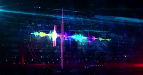 Widmo audio głos neon koncepcja znaku, fala dźwiękowa radiowa i disco muzyka sygnał głośności. Futurystyczna animacja 3d renderowania. Neonowy szkic na abstrakcyjnym tle. - Materiał filmowy, wideo