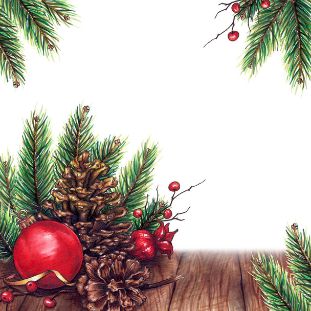 Watercolor marker Christmas New Year holiday composition decor: fir tree branches, cones, red berries, garnet, glass ball on wooden background frame border sample isolated - Photo, Image