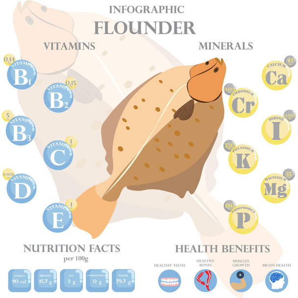 Fatos de nutrição de linguado e benefícios para a saúde infográfico no fundo branco. Ilustração vetorial - Vetor, Imagem