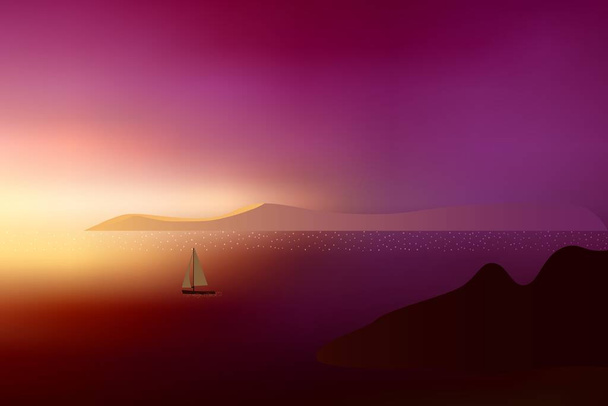 遠くの山とセーリングヨットで海の上に美しい夕日. - ベクター画像
