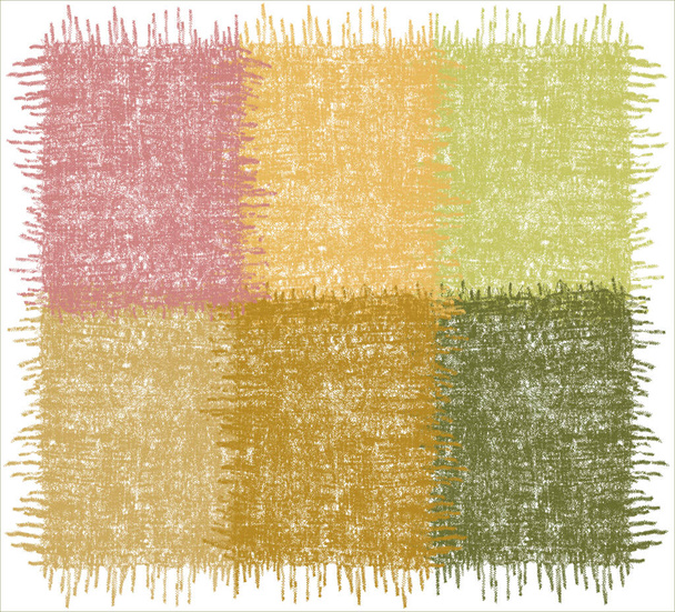 Kostkovaný koberec, rohožka, koberec, kostkované s grunge tkaní hrubé obdélníkové prvky v zelené, žluté, fialové pastelové barvy s třásněmi izolované na bílém pozadí - Vektor, obrázek