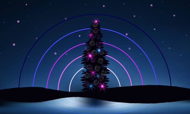 Ozdobione drzewo noworoczne, gwiaździsta noc, odbicia powierzchni wody. Piękna świąteczna scena. Boże Narodzenie wektor ilustracja. - Wektor, obraz