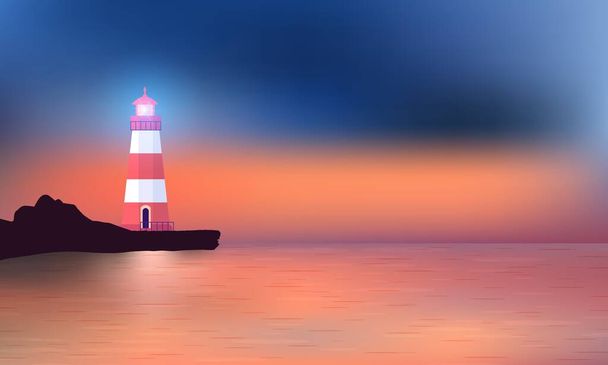 Schöner Sonnenuntergang am Meeresstrand mit dem leuchtenden Leuchtturm an der Böschung. - Vektor, Bild