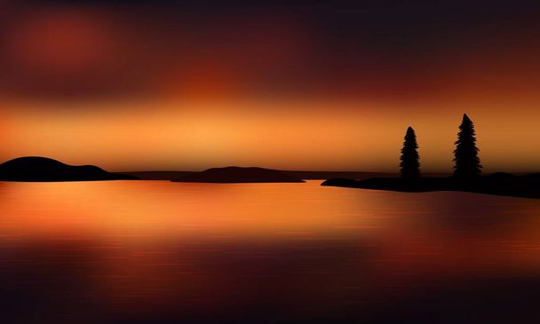 Όμορφο χρυσό ηλιοβασίλεμα πάνω από τον ωκεανό με μακρινή γη και σιλουέτα από δύο έλατα. Αντανακλάσεις στην επιφάνεια του νερού. - Διάνυσμα, εικόνα