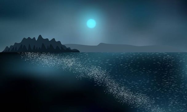 火山砂のある北海岸。雪に覆われた山々。暗い極の夜、輝く月。冷たい水が岸を洗う. - ベクター画像