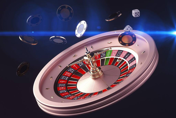 Roulette Spin Casino Chips blasen Konzept 3D gerenderte Illustration. Casino-Glücksspiel. - Foto, Bild