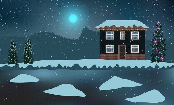Haus mit Weihnachtsbaum und Dekoration am verschneiten Ufer. Schöne Winternacht mit gefrorenem Wasser und Schneeverwehungen . - Vektor, Bild