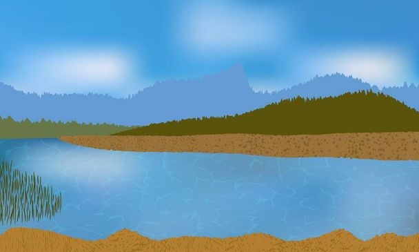 Beautiful autumn day outdoor, water reflecting clouds, plants and hills. - Vector, Image