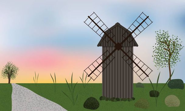 Dřevěný větrný mlýn na zeleném táboře u silnice. - Vektor, obrázek