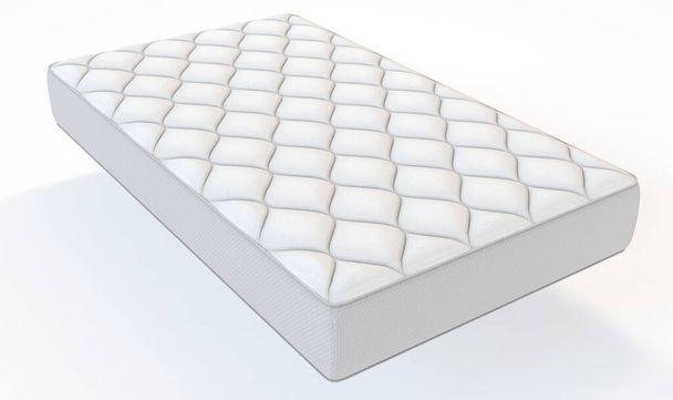Um colchão de cama branco simples com um topping decorativo e lados de tecido em um fundo branco isolado renderizar 3D - Foto, Imagem