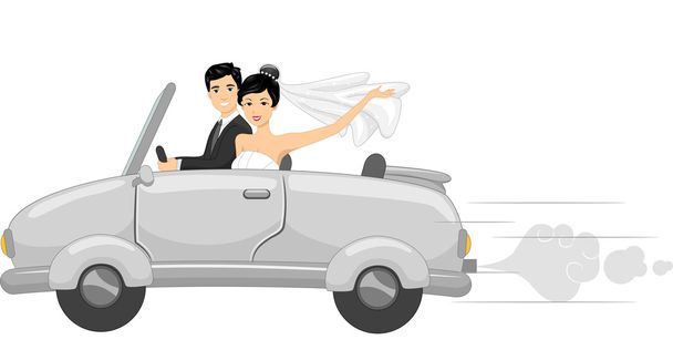 ブライダル車の中で新婚夫婦 - 写真・画像