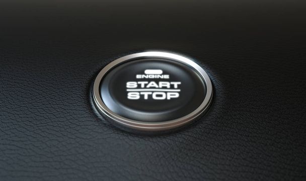 Modern bir arabanın yakın plan çalışması ve durdurma düğmesi siyah deri desenli bir yüzey üzerinde - 3D canlandırma - Fotoğraf, Görsel
