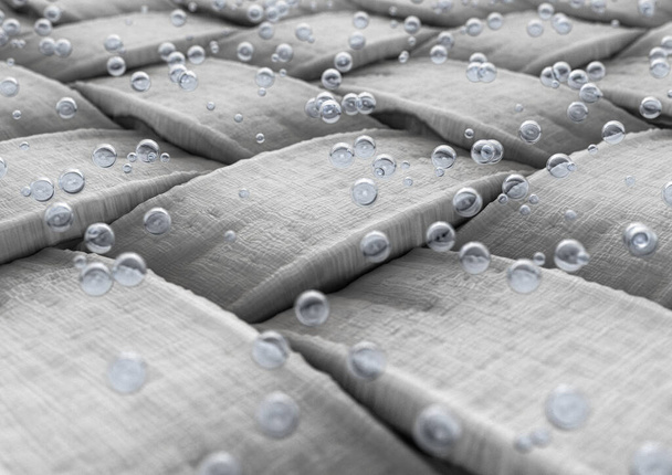 Een microscopisch beeld van een eenvoudig geweven textielweefsel en waterbellen die boven het oppervlak zweven - 3D render - Foto, afbeelding