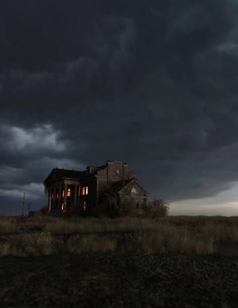Ominous dilapidated and abandoned mansion with illuminated interior lighting under a dark cloudy sky. 3D rendering. - Photo, Image