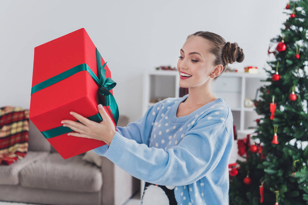 Photo of charming positive young happy woman hold hands present enjoy celebrate christmas in living room house apartment flat - 写真・画像
