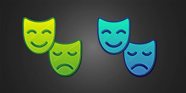 Green and blue Comedy and tragedy theatrical masks icon isolated on black background. Vector - Vector, Image