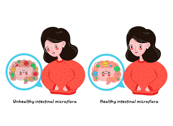 健康な対不健康な腸内細菌叢と悲しい病気と幸せな若い女性。ベクターフラット漫画イラストアイコンデザイン。白い背景に隔離されている。消化管細菌、微生物叢の概念 - ベクター画像