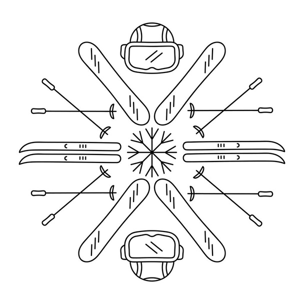 Dibujos para colorear sobre deportes de invierno, mandala para niños. Esquís, bastones de esquí, snowboards, cascos. - Vector, imagen