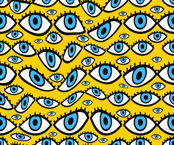 Psychedelic deformed eyes seamless pattern. Vector hand drawn line doodle cartoon illustration logo. Psychedelic,boho,third eye open, trippy lsd print for t-shirt,poster seamless pattern concept - Vektör, Görsel