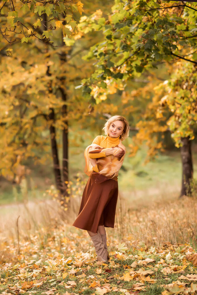 femme plus âgée dans un parc d'automne sur un fond de feuilles jaunes.. - Photo, image