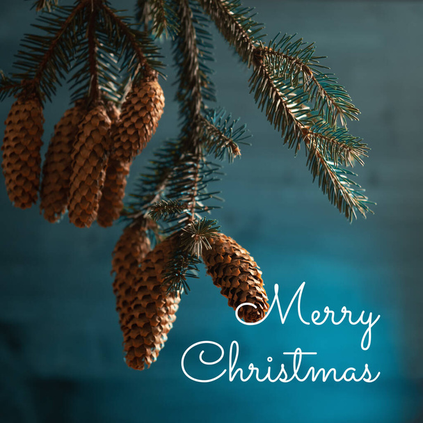 Merry Christmas greeting card . Branches of a Christmas tree with cones on an emerald background with text - Photo, Image