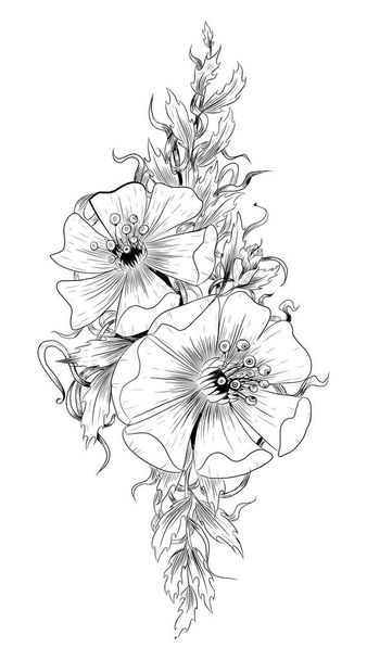 Цветочная графика рисунок эскиз татуировки печать черно-белый эскиз - Вектор,изображение