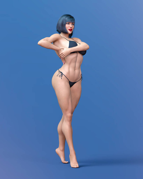 Beautiful athlete bodybuilder woman.Girl in sports bikini.Strong woman posing.Sports lifestyle.Woman studio photography.Conceptual fashion art.Femme fatale.3D Render. - Valokuva, kuva
