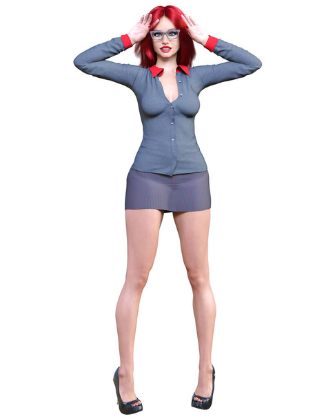 Sexy woman red hair office secretary uniform short mini skirt.Beautiful underwear collection.Femme fatale with glasses.Provocative liberated pose.3D rendering isolate.Conceptual fashion art. - Foto, imagen