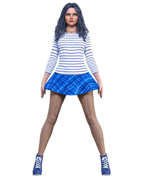 3D beautiful woman short blue skirt, sweater, tights and boots.Spring-autumn collection clothes.Bright makeup.Woman studio photography.Conceptual fashion art.Femme fatale.Render illustration. - Foto, Bild