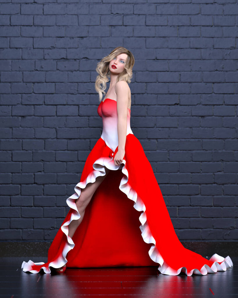 Beautiful blonde woman long white and red cancan dress with slit.Cabaret clothes collection.Woman studio photography brick wall.Conceptual fashion art.Seductive candid pose.Femme fatale.3D Render. - Foto, imagen