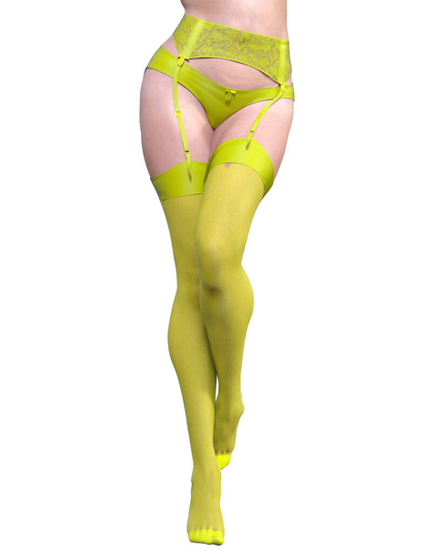 3D Beautiful sexy female legs yellow lingerie and stockings.Woman studio photography.High heel.Conceptual fashion art.Seductive candid pose.Render isolated illustration.Summer intimate clothes. - 写真・画像