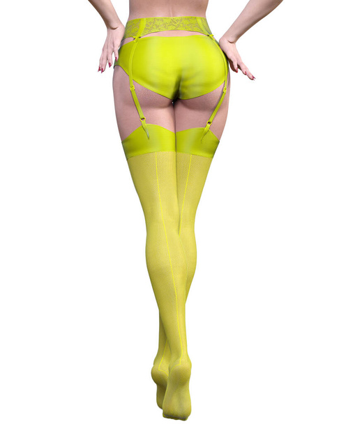 3D Krásné sexy ženské nohy žluté spodní prádlo a punčochy.Žena studio the aphy.High podpatek.Konceptuální módní art.Svůdné upřímné pose.Vykreslit izolované ilustrace.Summer intimní oblečení. - Fotografie, Obrázek