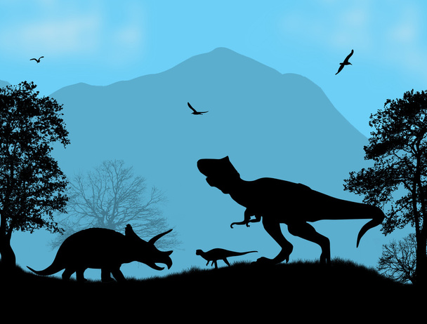 Dinosaurs Silhouettes  in beautiful place - Vector, Image