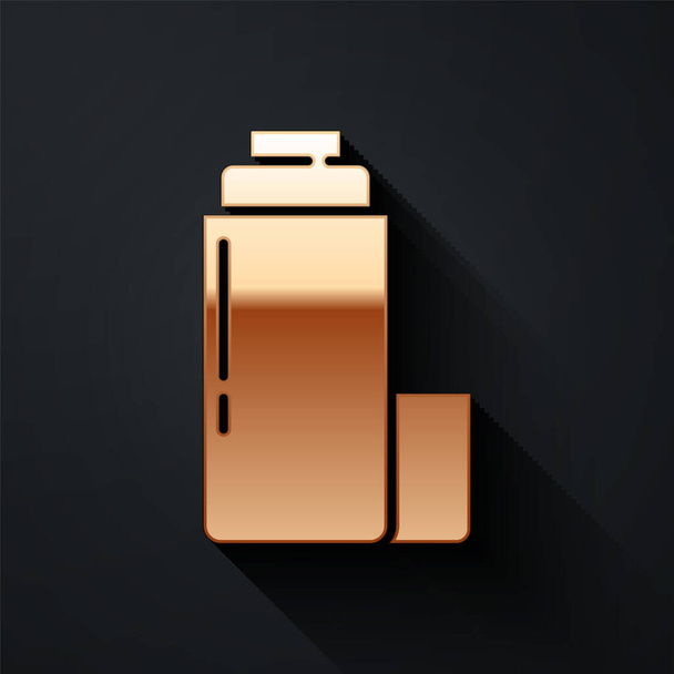 Gold Thermos container icon isolated on black background. Thermo flask icon. Camping and hiking equipment. Long shadow style. Vector - Vector, afbeelding
