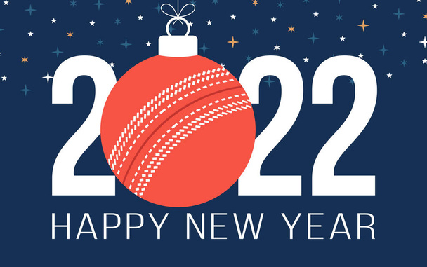 2022 Šťastný Nový rok kriket vektorové ilustrace. Plochý styl Sport 2022 blahopřání s kriketovým míčkem na barevném pozadí. Vektorová ilustrace. - Vektor, obrázek