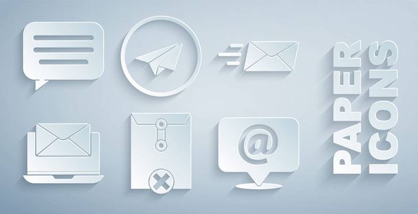 Umschlag, Express, Laptop mit, E-Mail und E-Mail auf Sprechblase, Papierflugzeug und Sprachchat-Symbol setzen. Vektor - Vektor, Bild