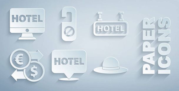 Set Ubicación hotel, Letrero con texto Hotel, Cambio de moneda, Elegante sombrero de mujer, Por favor, no molestar y el icono de la reserva en línea. Vector - Vector, Imagen