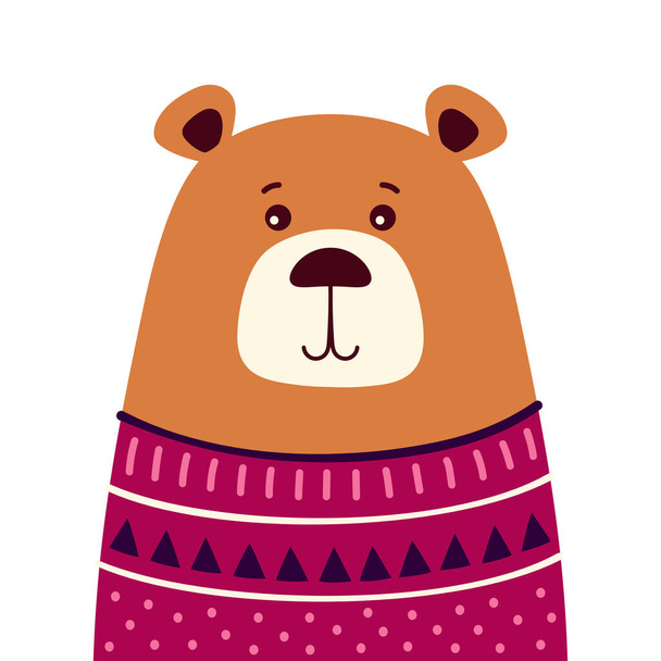 cute print with bear in cardigan, modern style poster for home decor, print for any design, flat vector illustration - Vettoriali, immagini