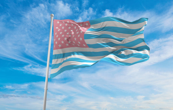 flag of Reverse Trans, United States waving in the wind at cloudy sky. Freedom and love concept. Pride month. activism, community and freedom Concept. Copy space. 3d illustration - Zdjęcie, obraz