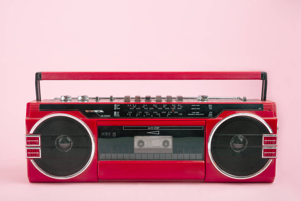 Red vintage Tape player isolated on pink background - Photo, Image