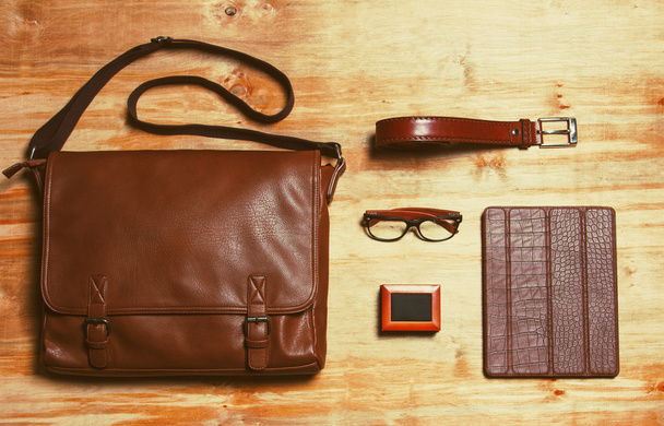 Male accessories style concent. Brown leather bag, box with fren - Foto, imagen