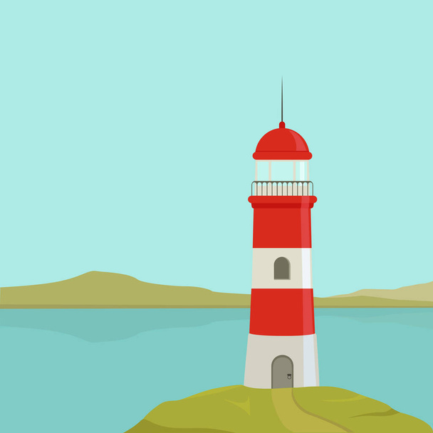Vector illustration of a red lighthouse on the ocean.  - Vetor, Imagem